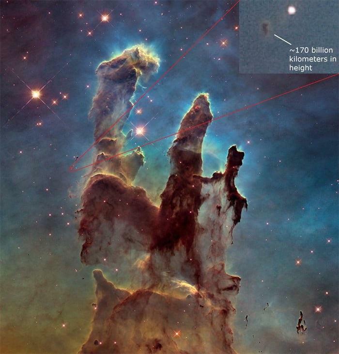 The Pillars of Creation, a fascinating find in space, highlighting a massive gas and dust structure.