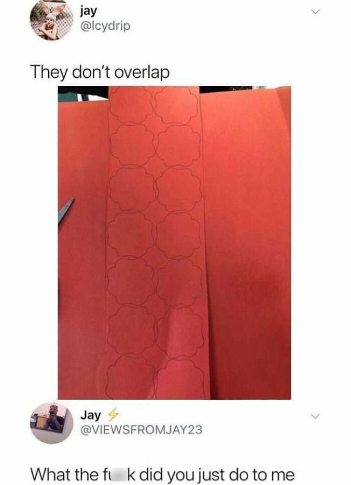 A fascinating find from the internet: a tweet showing perfectly non-overlapping cutouts on red paper.