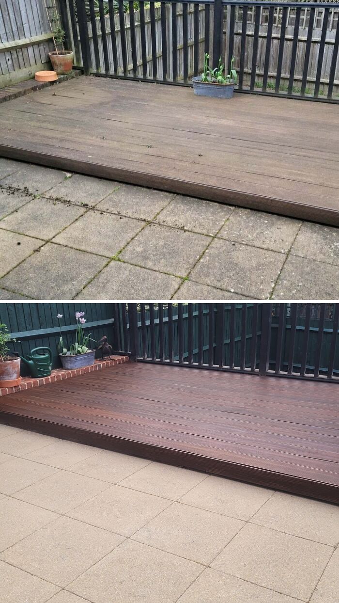 Before and after of a patio renovation, displaying a clean and renovated outdoor decking area.
