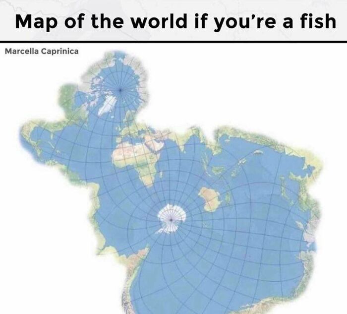A world map from a fish perspective, showing fascinating finds with oceans at the center.
