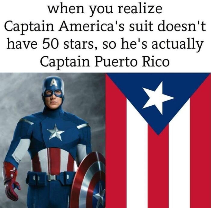 A meme presenting a fascinating find: Captain America's suit compared to the flag of Puerto Rico.
