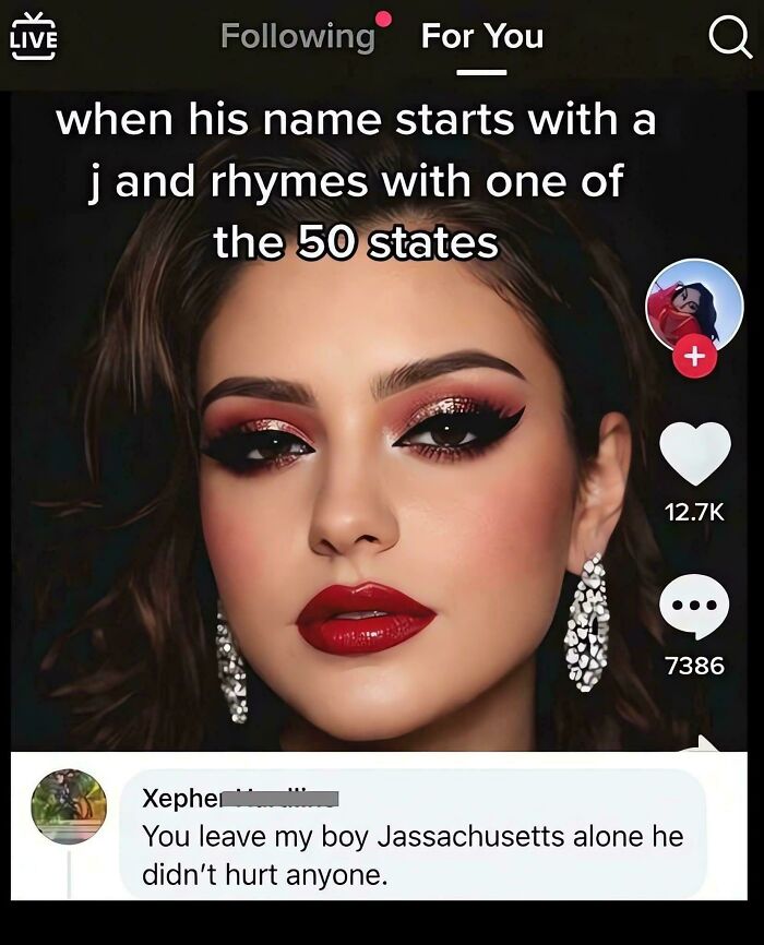 A makeup tutorial screenshot with text overlay about a man's name starting with J, a random joke for a laugh.