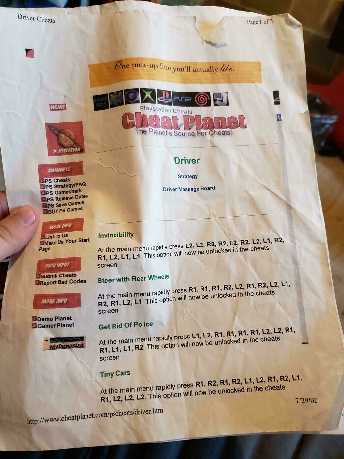A printed page of Old Internet PlayStation cheat codes for the game Driver from Cheat Planet, dated 2002.