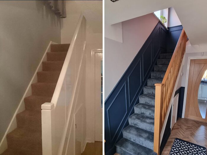 Before and after of a staircase renovation, showing a newly renovated staircase with dark paneling.