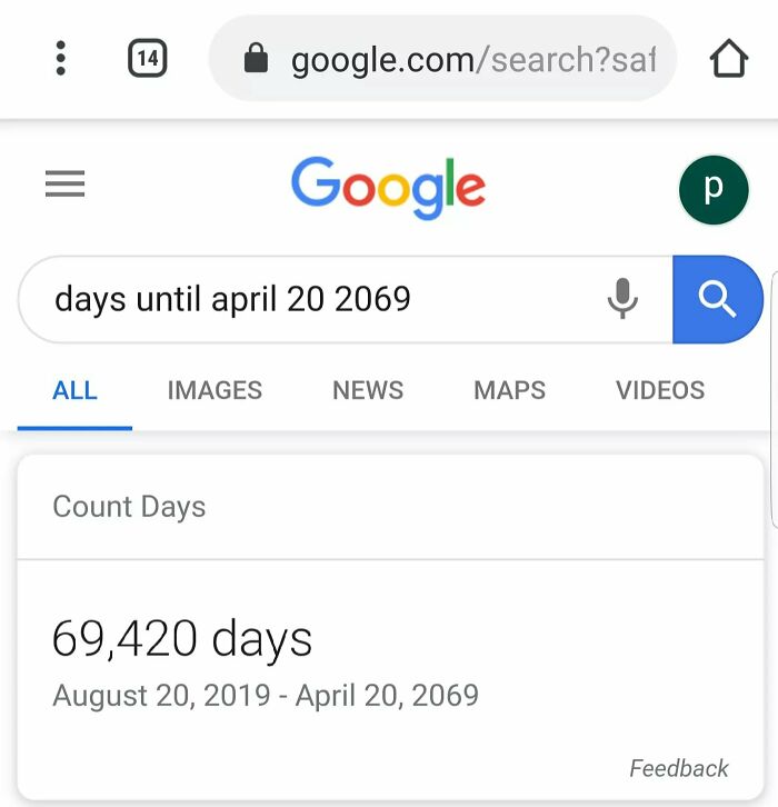 A Google search showing fascinating finds: the count of days until April 20, 2069, as 69,420 days.