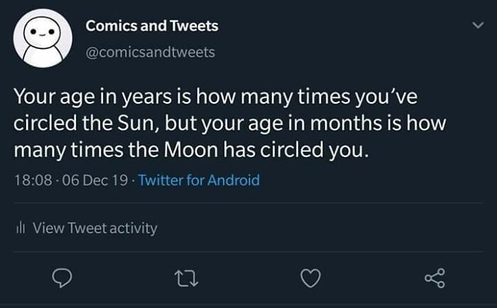 A tweet from Comics and Tweets about age in relation to the Sun and Moon, a fascinating find from social media.