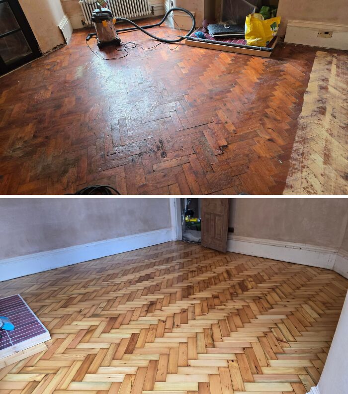Before and after of a parquet floor, highlighting amazing home renovations by people.