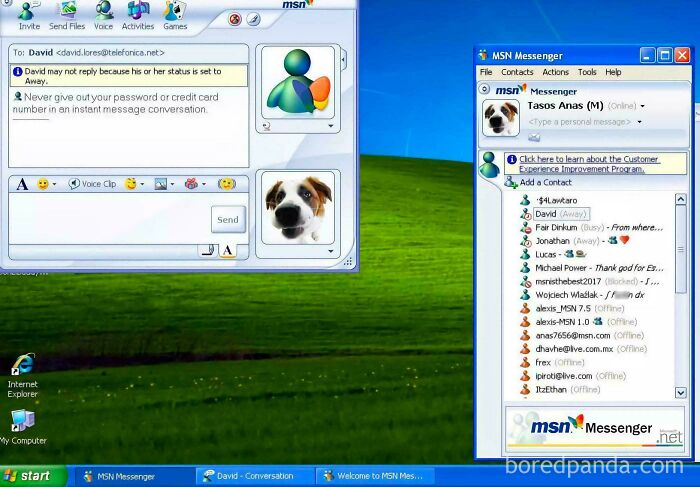 A screenshot of MSN Messenger from the old internet, showing an active chat window and a contact list.
