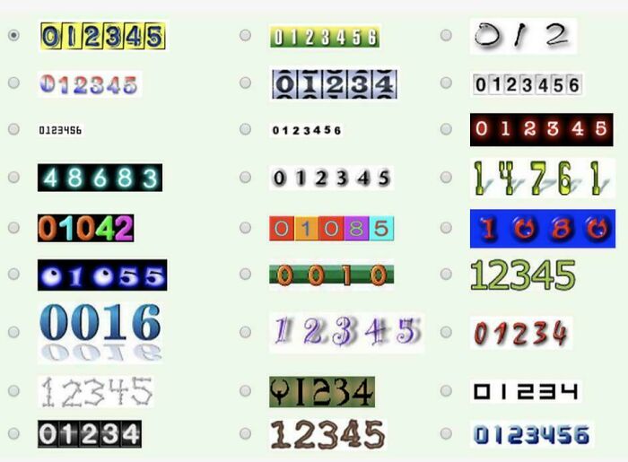 A grid displaying various styles of old internet hit counters with different number fonts and designs.
