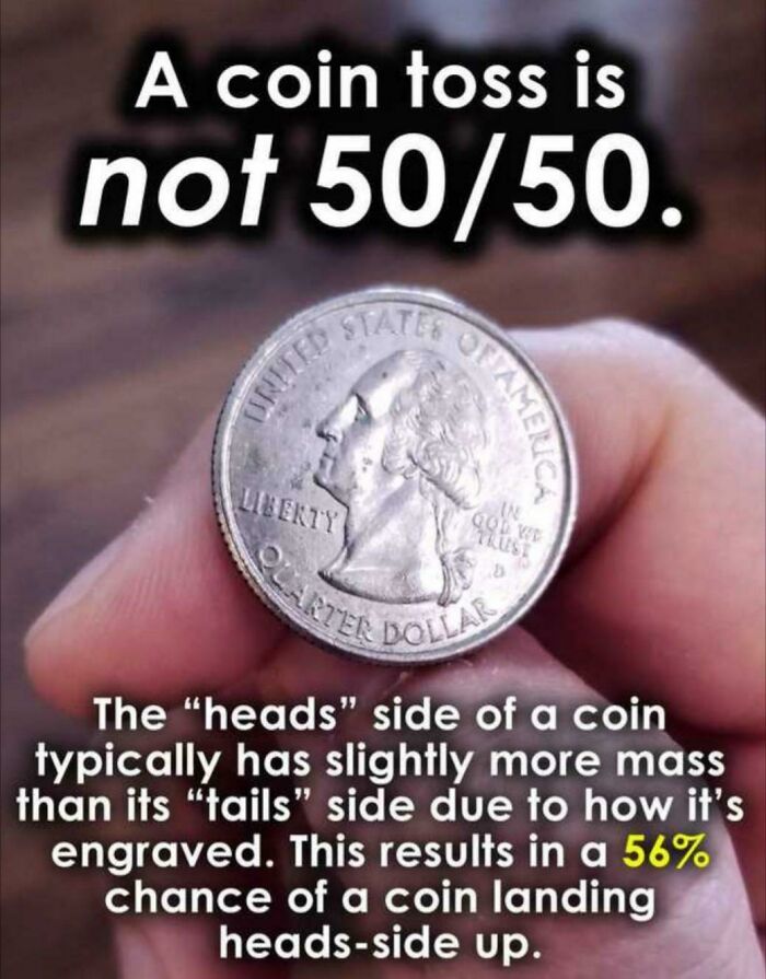 A fascinating find: a hand holding a quarter, explaining how a coin toss is not 50/50.