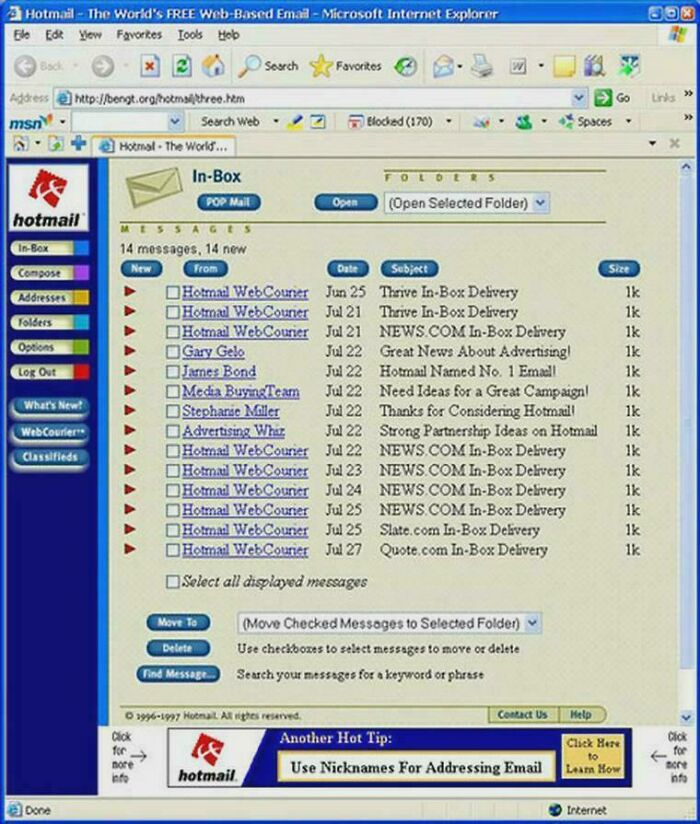 A screenshot of the Old Internet Hotmail inbox on Microsoft Internet Explorer, showing multiple messages.