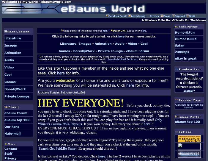 A chaotic screenshot of the Old Internet eBaums World website from 2002, displaying various links and sections.