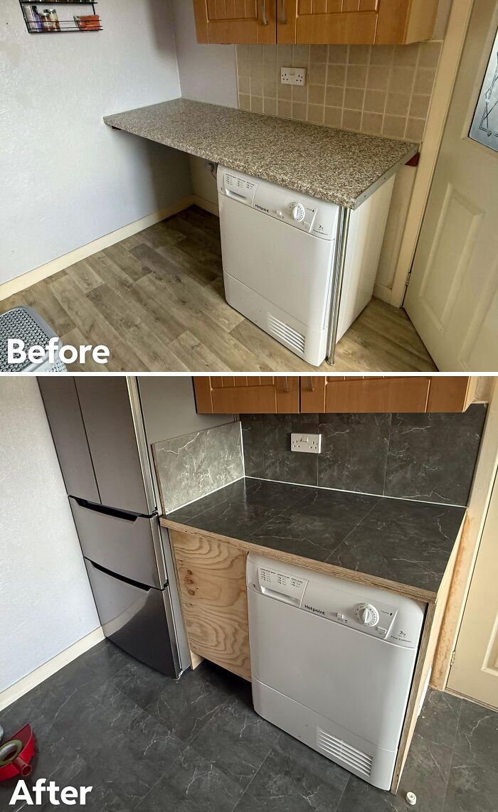 Kitchen laundry area before and after, demonstrating amazing home renovations by people.