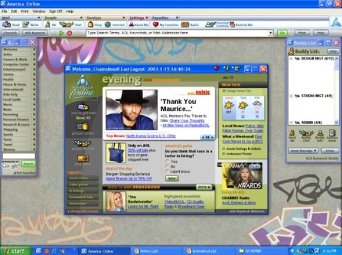 A chaotic pic of the old Internet showing America Online software with its classic interface and buddy list.
