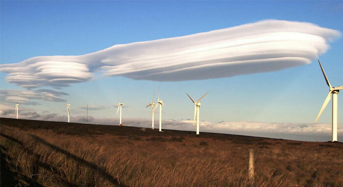 A fascinating find: unusual lenticular clouds hovering above wind turbines on a grassy hill.