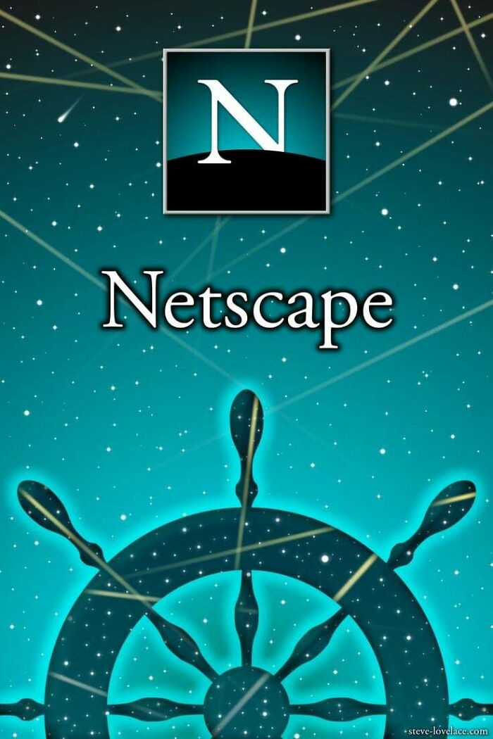 An image representing the old Internet with a Netscape logo above a ship's wheel against a starry blue background.