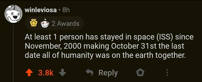 Reddit post discussing humanity's time in space, a fascinating find from the internet.