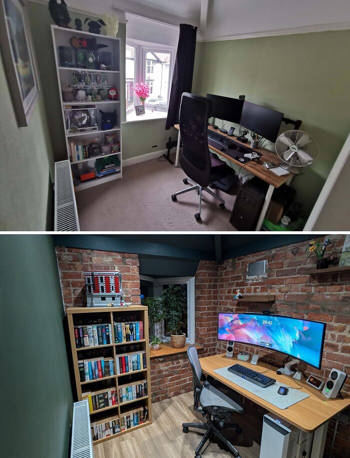 Before and after of a home renovation, showcasing a renovated office space with brick walls and new furniture.