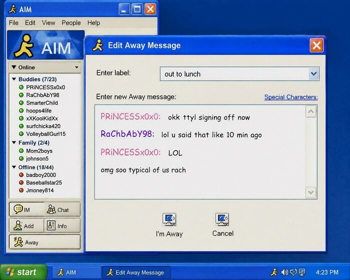 An AIM (AOL Instant Messenger) chat window with buddy list and an 'Edit Away Message' pop-up, from the old Internet.