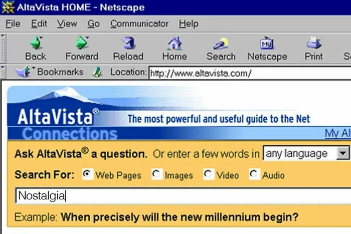 A chaotic pic of the old Internet showing the AltaVista search engine homepage with Nostalgia typed into the search bar.