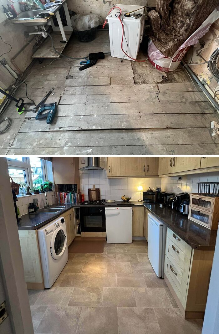 Kitchen renovation, before and after, showcasing people's effort in renovating their homes themselves.