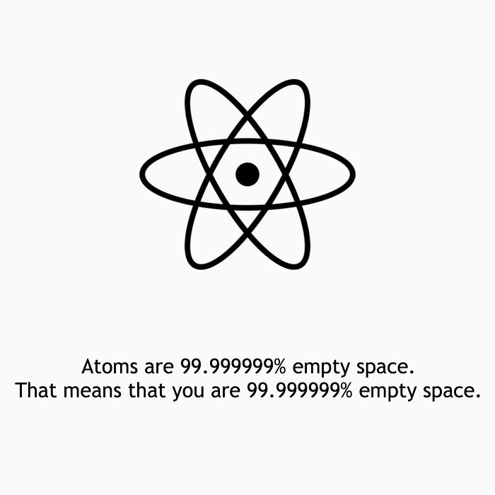 A fascinating find: a minimalist illustration of an atom with the text Atoms are 99.999999% empty space.