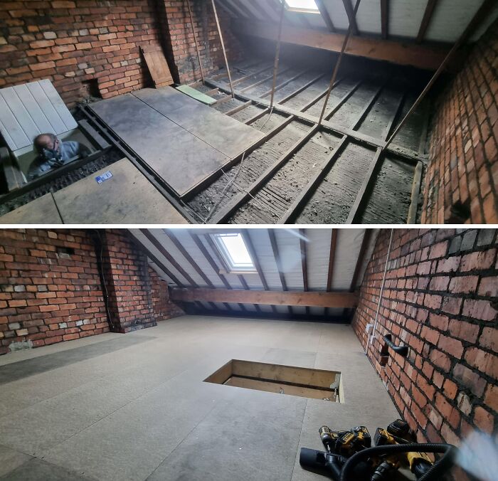 Before and after of an attic renovation, showing a person renovating their home with new flooring laid out.