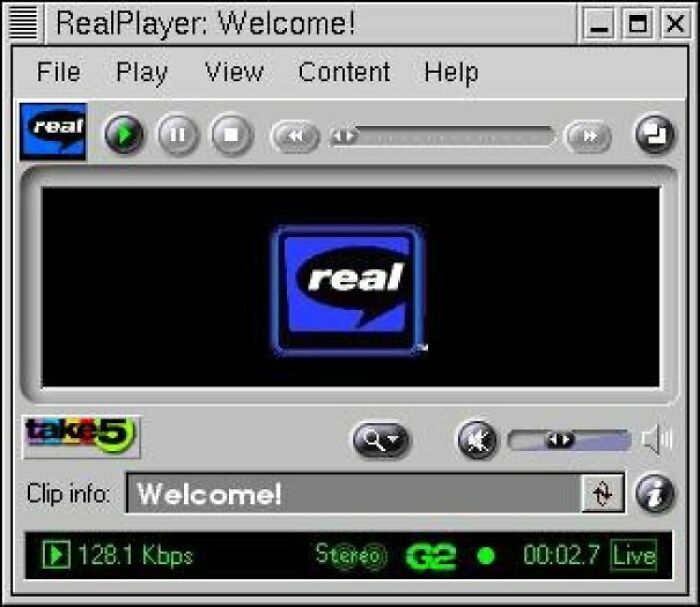 Screenshot of RealPlayer, a quintessential old internet media player that today's kids won't comprehend.