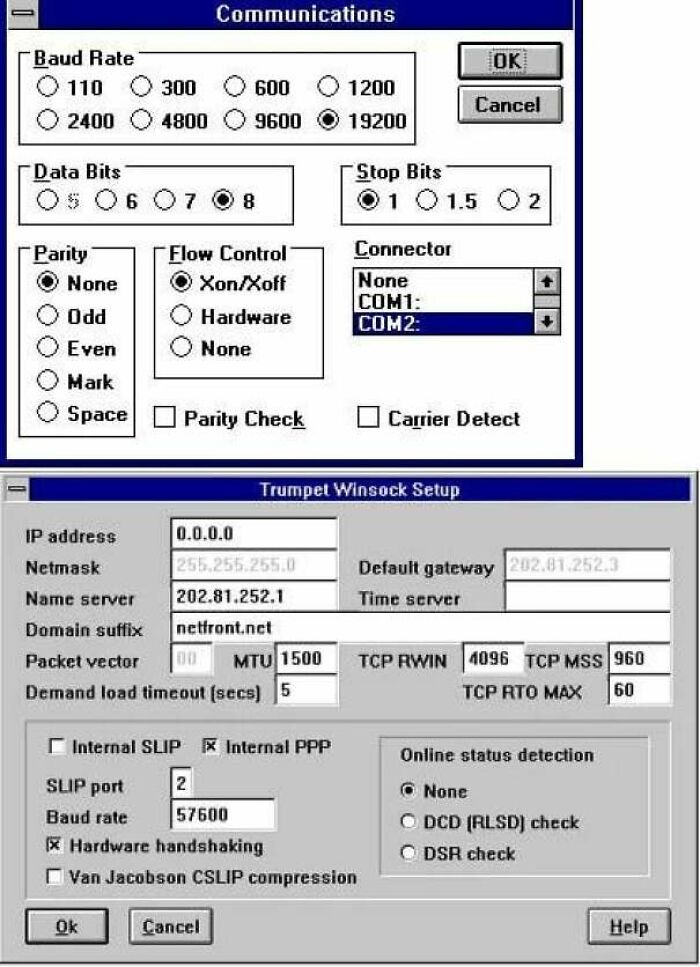 Communication and network setup screens from the old internet, a chaotic memory for today's kids.