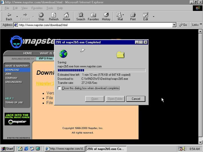 Screenshot of an old internet browser downloading Napster, an iconic part of the old internet for today's kids.