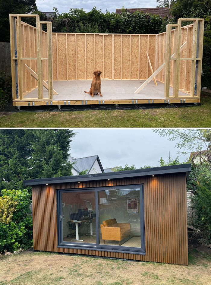 Before and after of a home renovation, showing the construction of a stylish outdoor office shed.