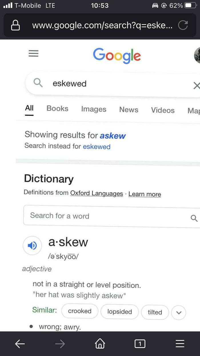 A phone screen showing a Google search for the word eskewed, with results for askew, a fascinating internet find.