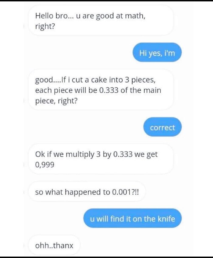 A phone screen displaying a text message conversation about math and cake, a fascinating find from the internet.