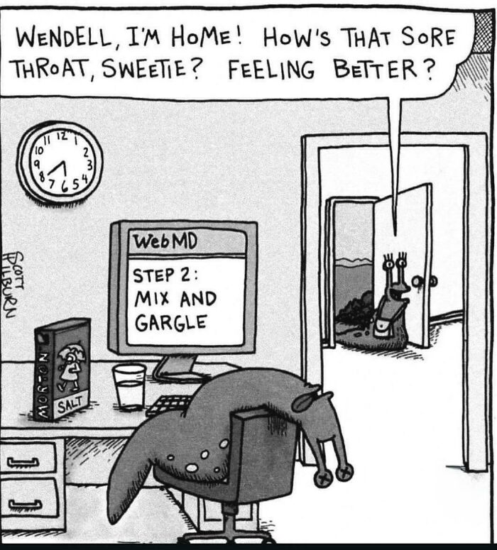 A comic strip featuring a sick anteater at a computer reading WebMD for a sore throat. Humorous random jokes.