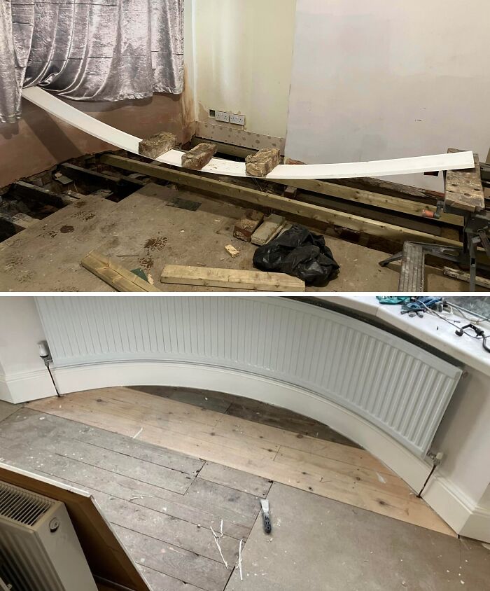 Before and after of a home renovation, featuring a custom curved radiator installation.