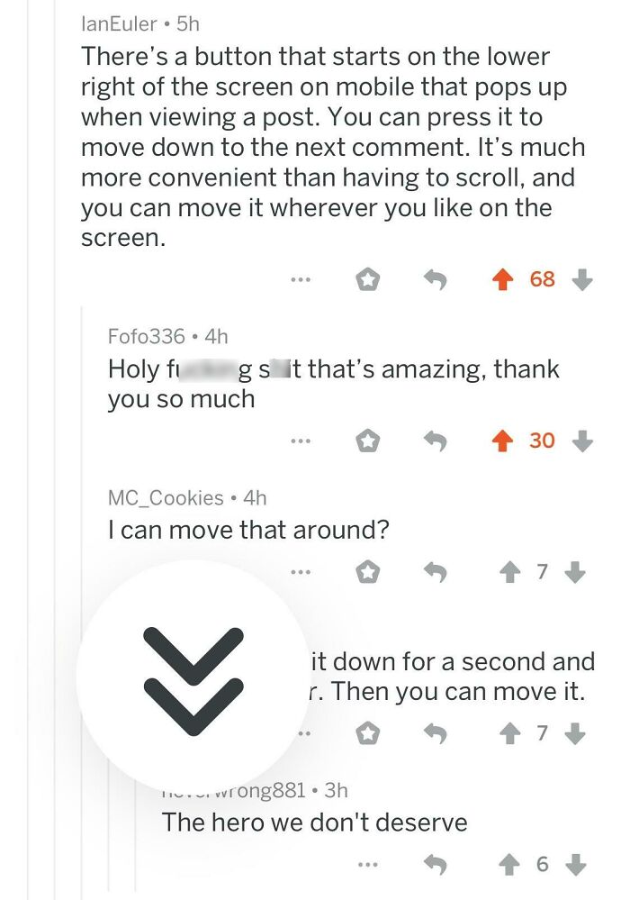 Fascinating finds: Internet comments discussing a mobile button for navigating posts, showing user interaction.