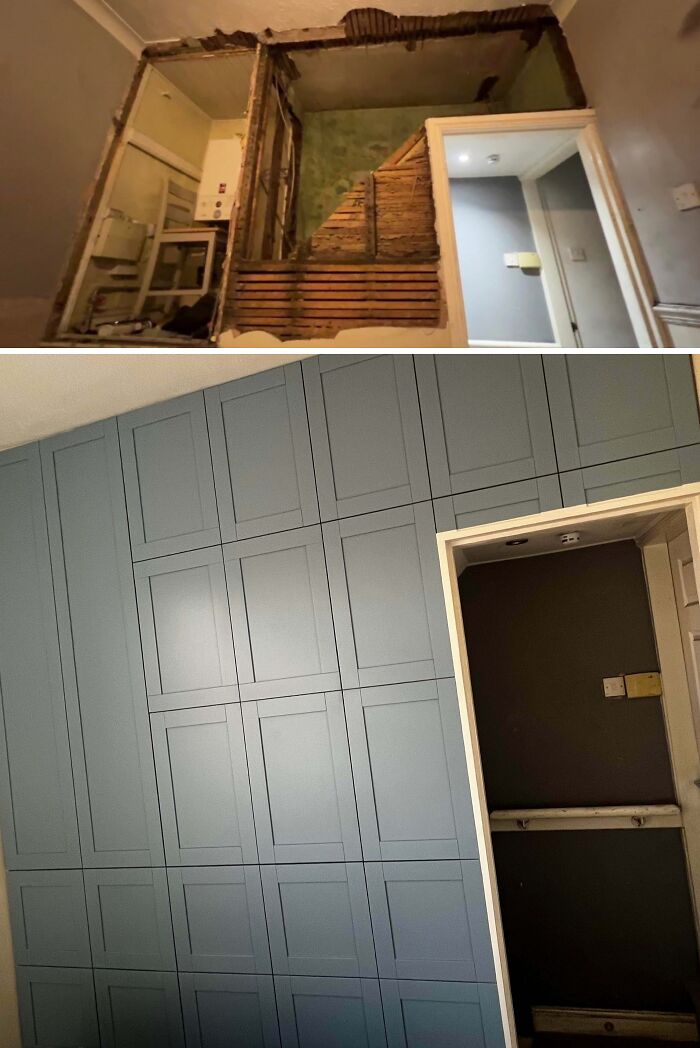 Before and after of a home renovation, revealing new fitted wall panels and improved room aesthetics.