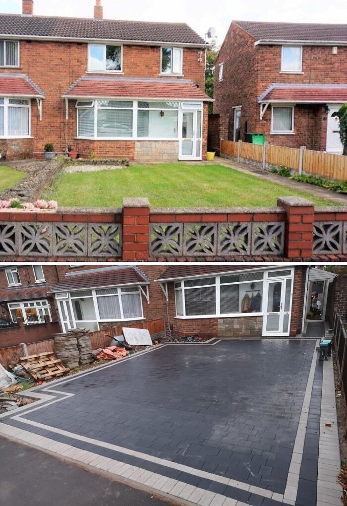Before and after of a home renovation, transforming a front lawn into a paved driveway.