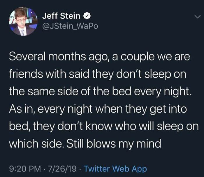 A tweet from Jeff Stein discussing a couple's unique sleeping arrangement, a fascinating find from the internet.