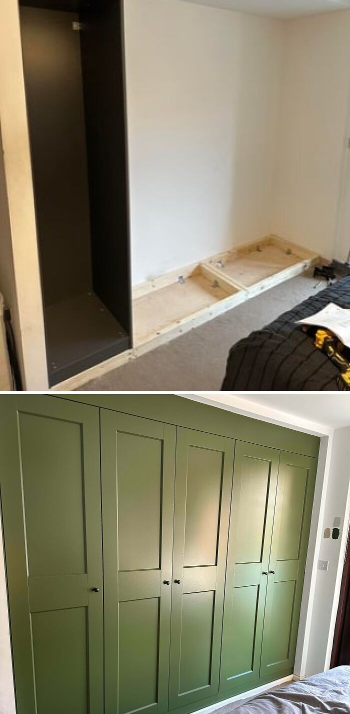 Before and after of a bedroom home renovation, showcasing built-in wardrobes for storage.