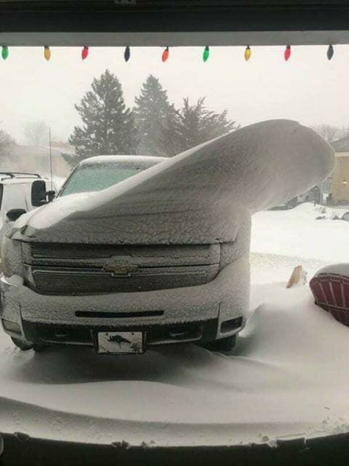 A truck covered in snow forming a peculiar shape, one of the fascinating finds showing what the internet has to show us.