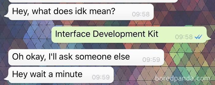 A hilarious text exchange showing someone asking what 'idk' means and receiving a technical, incorrect definition, then realizing it.
