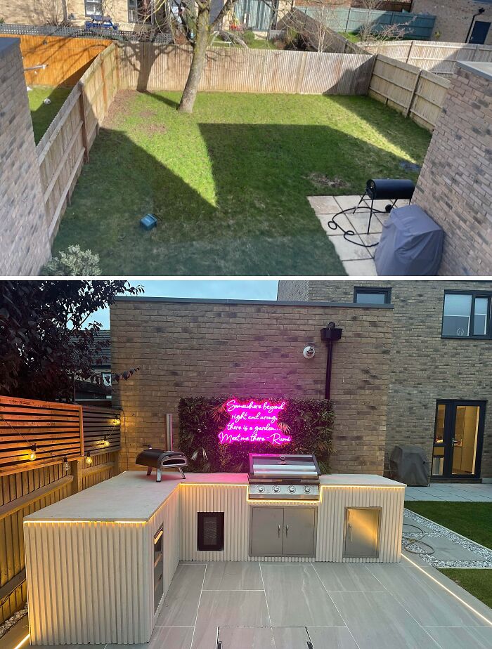 Before and after image of renovating homes themselves, highlighting a backyard transformation from a grassy patch to a sleek outdoor kitchen.