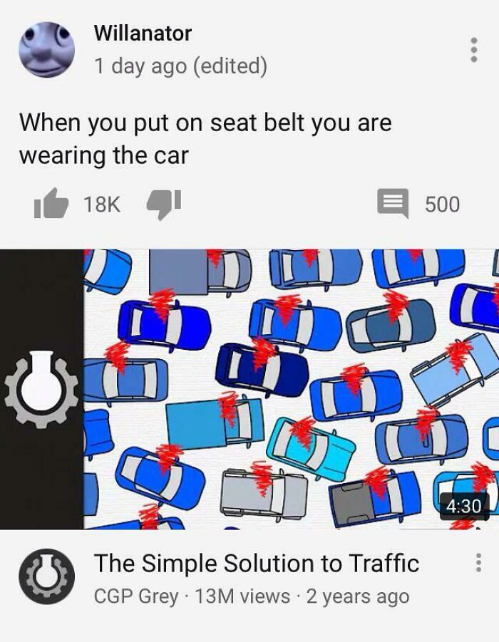 A screenshot of a YouTube comment and video thumbnail about a solution to traffic, a fascinating find from the internet.