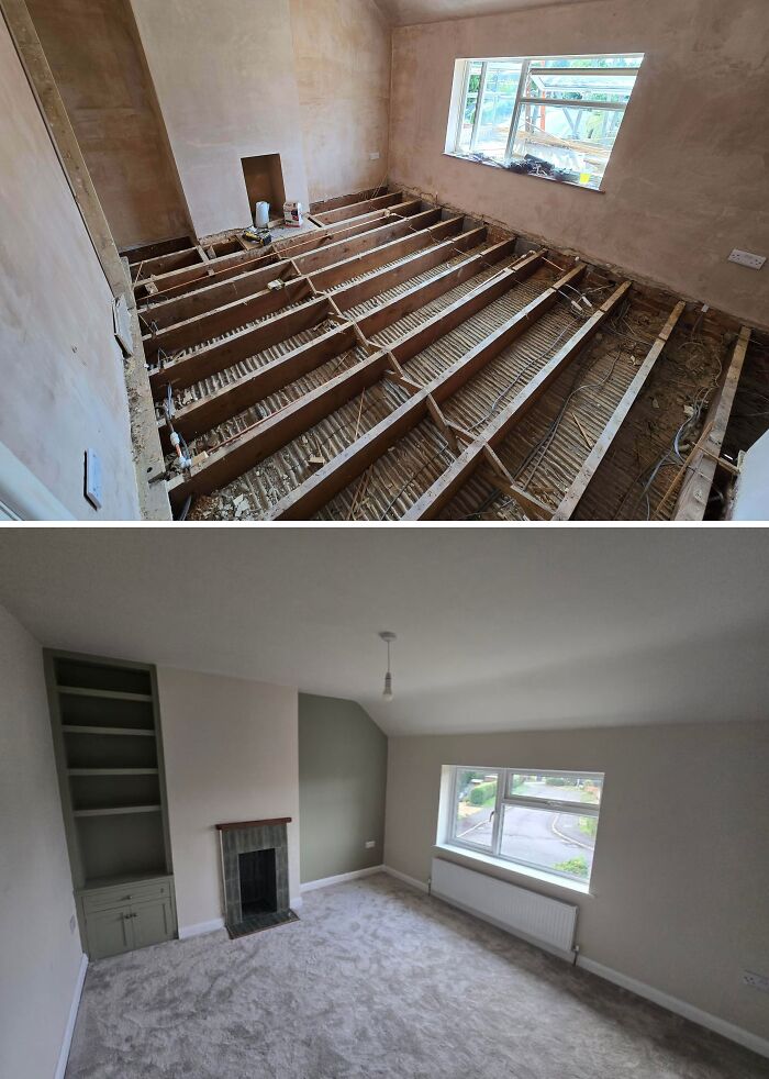 Before and after a home renovation, showing exposed floorboards and then a finished, carpeted living space.