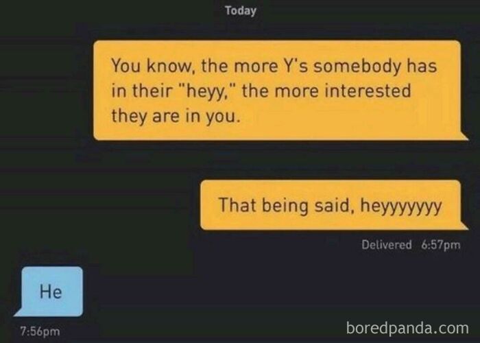 A screenshot of a hilarious text exchange about the number of Ys in heyy indicating interest.