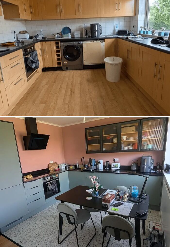 Before and after kitchen renovation, transforming an outdated kitchen into a modern, stylish cooking area.