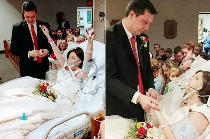 A bride in a hospital bed with an oxygen mask, marrying her groom in a church. Fascinating finds.