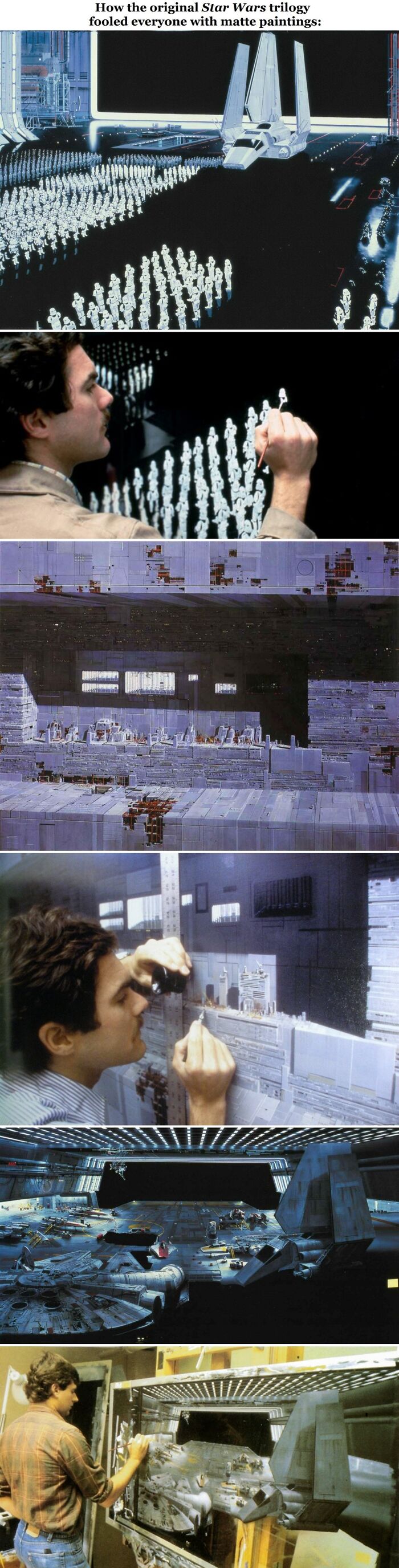 Behind-the-scenes images showing miniature models used in the original Star Wars trilogy, a fascinating internet find.