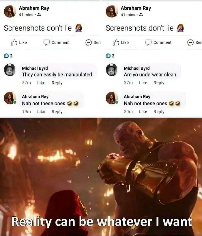 A funny random joke meme featuring Thanos and screenshots about reality manipulation.